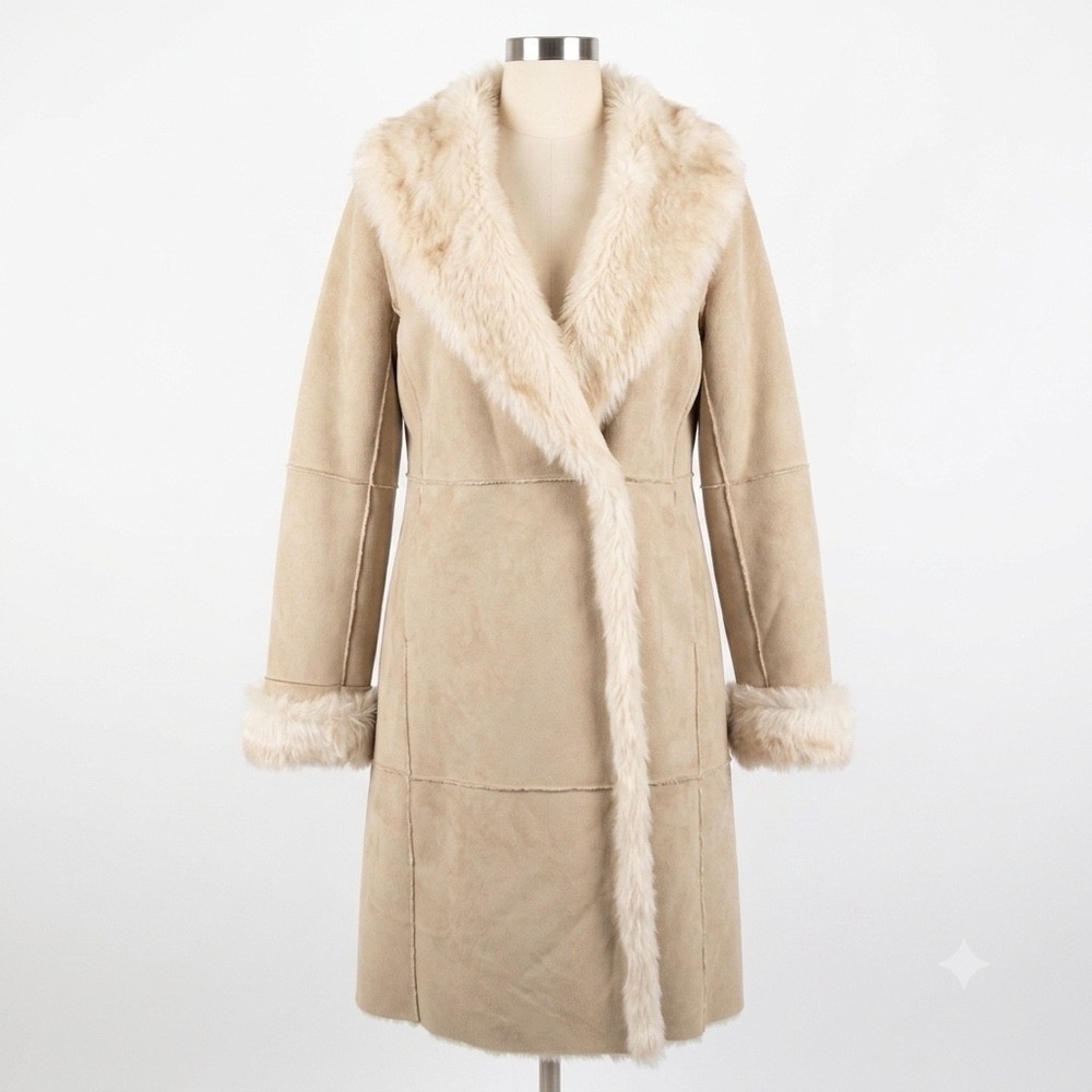 a.n.a Faux Suede Shearling Coat Womens Medium Tan Penny Lane Fur Trim Jacket